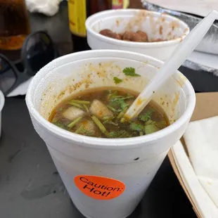 Broth, I added onions, cilantro, lime and a little hot sauce.