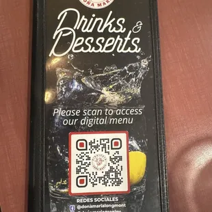 Drinks and desserts menu