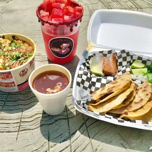 Birria ramen, Agua de Sandia, quesatacos