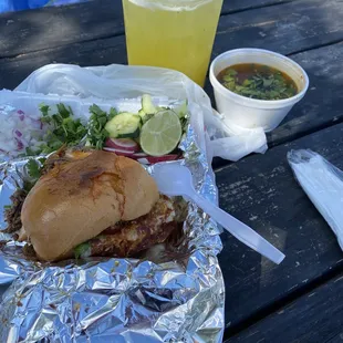 Torta de Birria, Aguas Frescas de piña