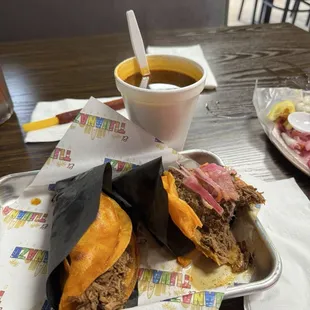 2 hard tacos with broth (dos tacos durado con consomé).