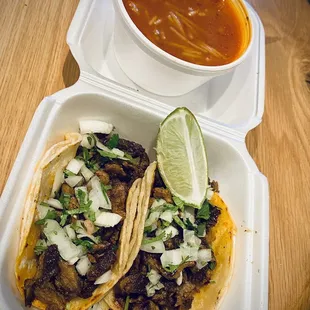 Small Fideo Soup and 2 carne asada tacos $9
