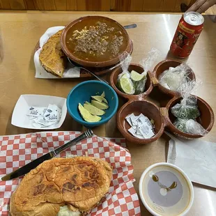 Top: Birria plate with birria ramen and birria quesadillas. It came with all the fixings for the soup.  Bottom: Asada torta