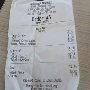 Recivo de dos tacos y una agua