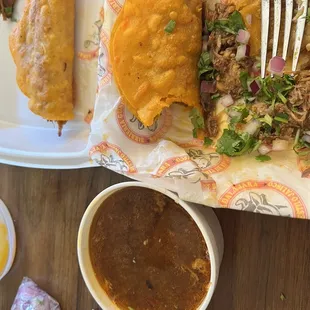 Hard shell Dorado taco, soft taco, consume