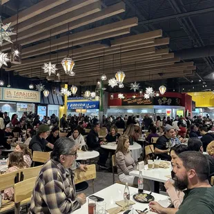 a large group of people eating in a restaurant