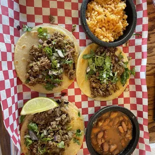 Steak street tacos with rice and beans