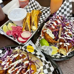 Quesatacos, Fish Tacos, and Shrimp Tacos