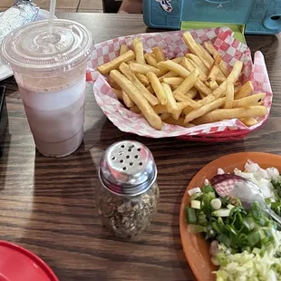 french fries and salad