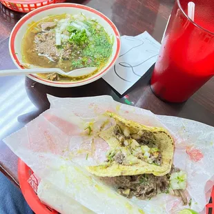 Barbacoa  and birria plate with Horchata Water