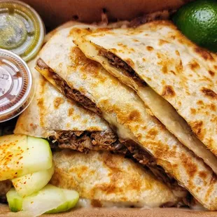 Takeout Birria Quesadilla, comes with consumé - not pictured ($16, 6/8/24)