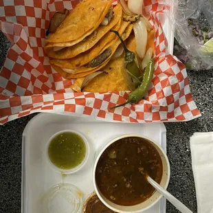 Cheesy tacos and consommé