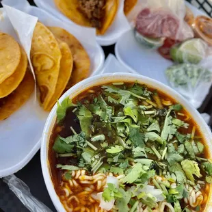 Different variety of birria (told you, all looked and tasted the same) and birria ramen!