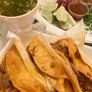 From top left- consommé, fixins&apos;, quesatacos