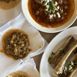 Taco de lengua (top left), taco de birria con chicharron (middle left), taco de buche (bottom left), orden de birria de res, tuetanos