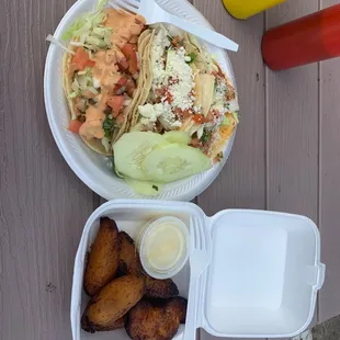 Fried plantains and 3 taco special.