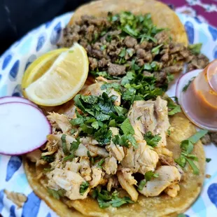 Carne asada and chicken street tacos. (requested no onions)