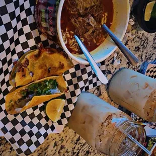 Birria ramen w/ 2 birria tacos and horchata.