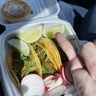 Tiny 2$ tacos - size  of my pinky.