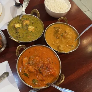 Saag Paneer (top left), Chicken Curry (top right), Chicken Tikka Masala (bottom)