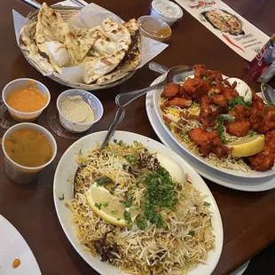 Chicken Dum Biryani, Chicken 65, Garlic Naan