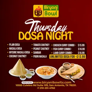 Attention Foodies! Thursday nights just got better with our #DosaNight 
Unlimited dosa for only $13.99!
Dine-in only at Biry