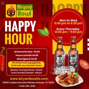 Join us Monday to Wednesday from 5:00 pm to 6:30 pm and every Thursday from 12:00 pm to 9:00 pm for the best Happy Hour in town!