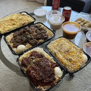 Chicken Dum Biryani, Goat Ghee Roast biryani, B.Js Chicken Fry biryani, Shrimp Biryani