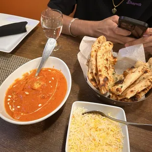 Garlic Naan, Butter Chicken, Vegetable Fried Rice