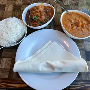 Shared two entrees, Kadai Chicken (red) and the Chicken Tikka Masala (orange), which each came with a bowl of basmati rice.  Delicious!