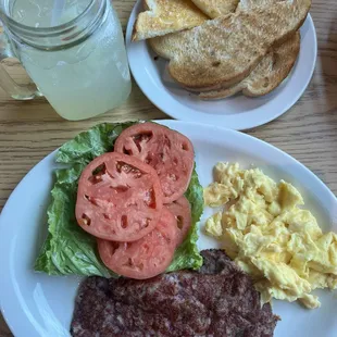 Cucumber house made lemonade &amp; corn beef hash with scrambled eggs, sliced tomatoes, toast