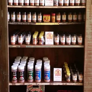 a shelf full of spices