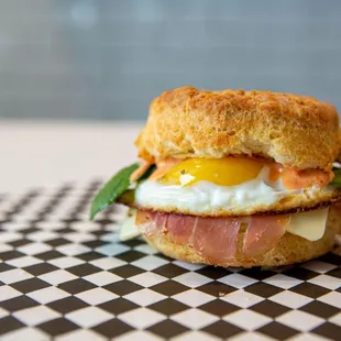 a ham and egg biscuit sandwich