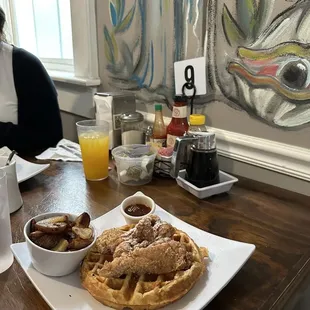 Chicken and Waffles with side of House Breakfast Potatoes
