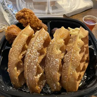 Chicken and Waffles with a side of breakfast potatoes
