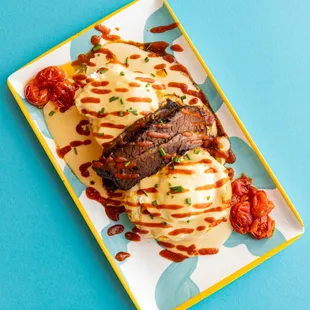 a plate of food on a blue background