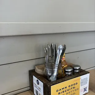 Utensils close by and at table