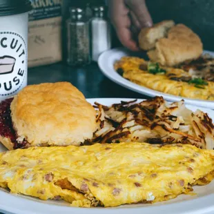 two plates of breakfast food