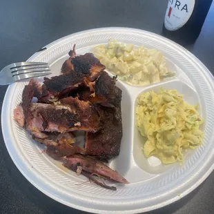 Ribs, coleslaw, and potato salad
