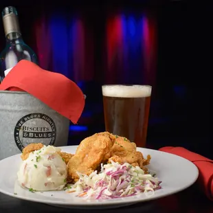 Southern Fried Chicken - Hand-breaded breast, leg, &amp; thigh, smashed potatoes, &amp; coleslaw.