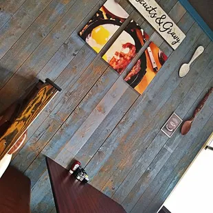 a table and chairs in a restaurant