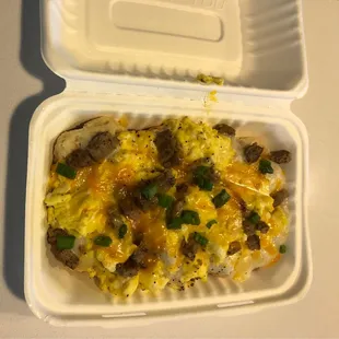 Donna Summer-3 biscuits split, gravy, 3 scrambled eggs, sausage, colby jack cheese, pepper &amp; chives--really good and filling!