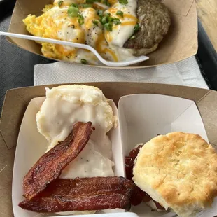 Biscuits, gravy,eggs, sausage, cheese  And Biscuits, gravy and bacon , biscuits and strawberry jam