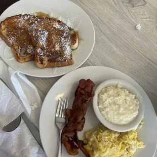 French toast with bacon eggs and grits