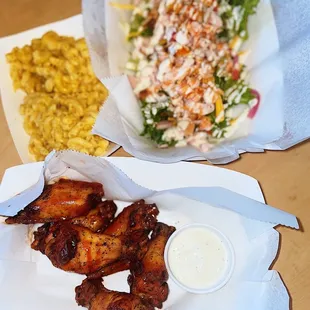 6 piece smoked wings, smoked turkey salad, and Mac and cheese!