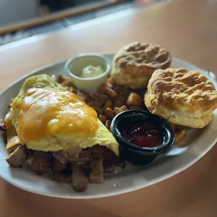 Meat Lovers Omelet with (2) Biscuits and Red Potatoes