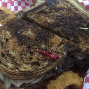 Patty Melt with Hand Dipped Onion Rings