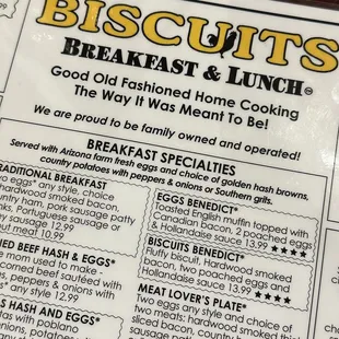 Biscuits menu as of late December 2022