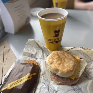 Country ham, egg and cheese biscuit with hashbrown and large coffee. It's going to be a good day