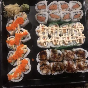 Clockwise from left: Heavenly Roll, Spicy Tuna roll, Crunch Crab roll, and Shrimp Tempura roll